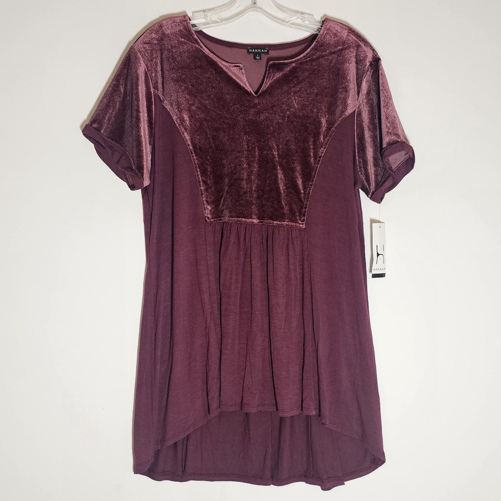 HANNAH‎ Shirt Womens Large Burgundy Velvet Trim Tunic V Notch Neck Short Sleeve